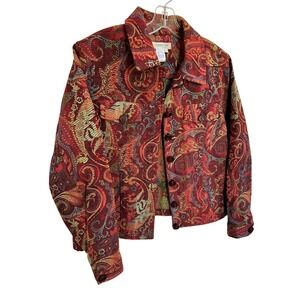 Coldwater Creek Womens Red Paisley Tapestry Button Front Jacket Size L Boho
